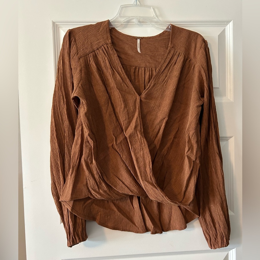 Free People Rust Brown Long Sleeve Wrap Blouse
